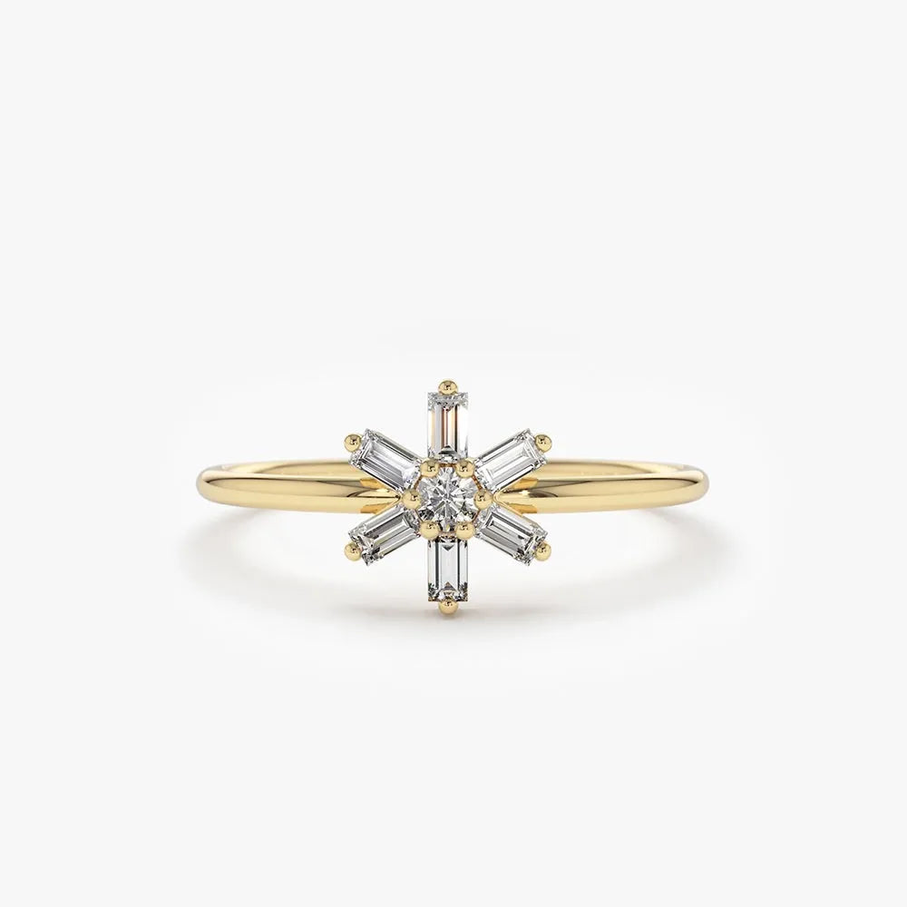 14K Gold Baguette and Round Diamond Flower Ring 0.28 CTW