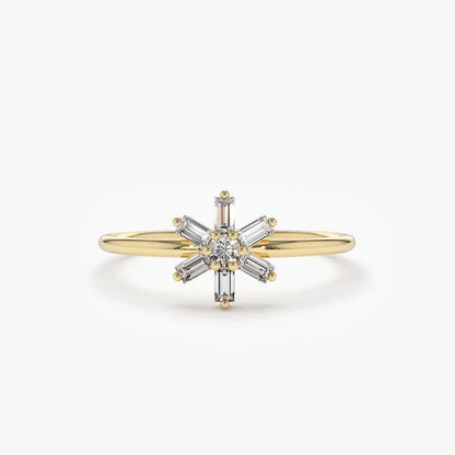 14K Gold Baguette and Round Diamond Flower Ring 0.28 CTW
