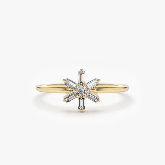 14K Gold Baguette and Round Diamond Flower Ring 0.28 CTW