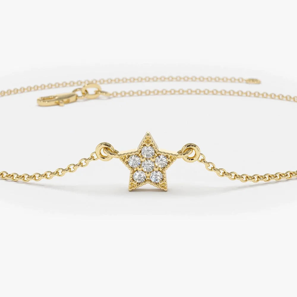 14K Solid Gold Round Diamond Star Charm Bracelet Micro Pave 0.06 Carat