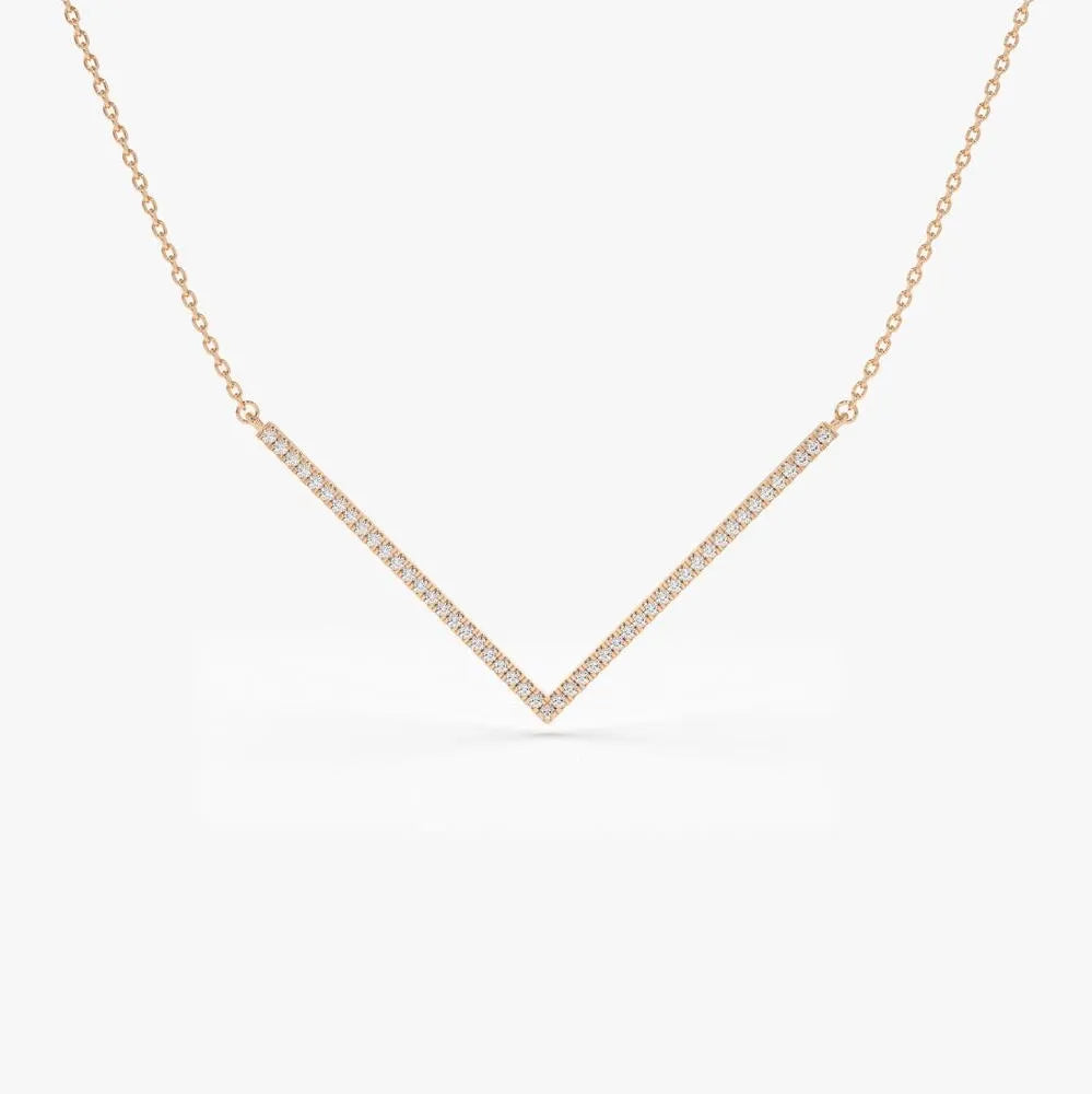 14K Solid Gold Round Diamond Micro Pave V Shaped Chevron Necklace 0.30ctw