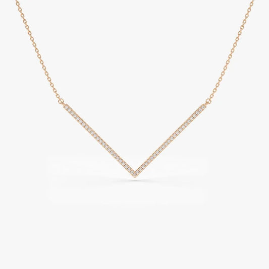 14K Solid Gold Round Diamond Micro Pave V Shaped Chevron Necklace 0.30ctw