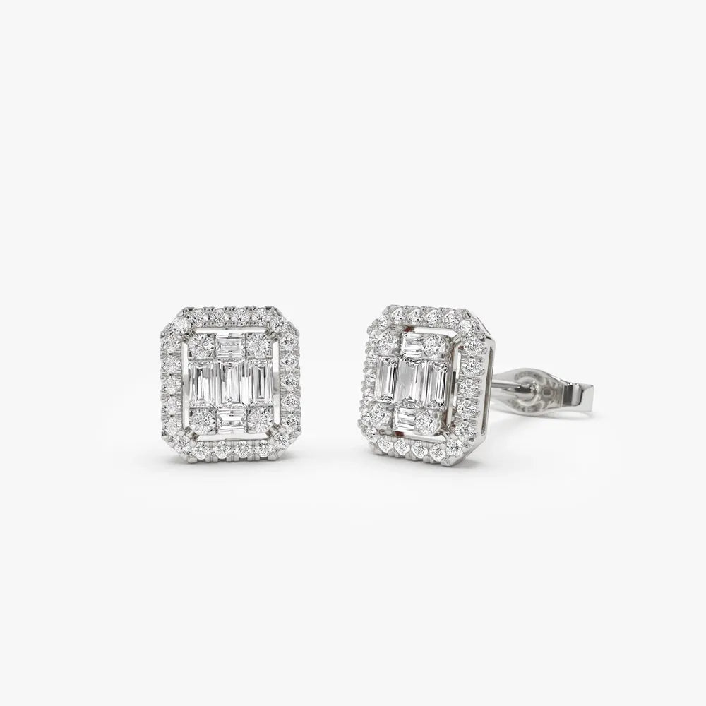 14k Gold Diamond Baguette and Round Cut Halo Setting Stud Earrings 0.38 ctw