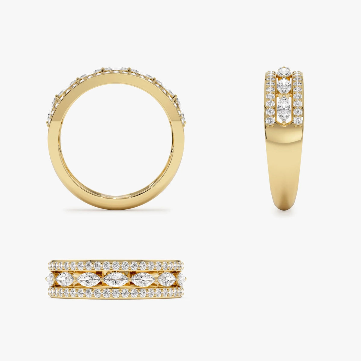 14k Solid Gold Marquise and Round Diamond 0.61 Carat Multi Band Ring
