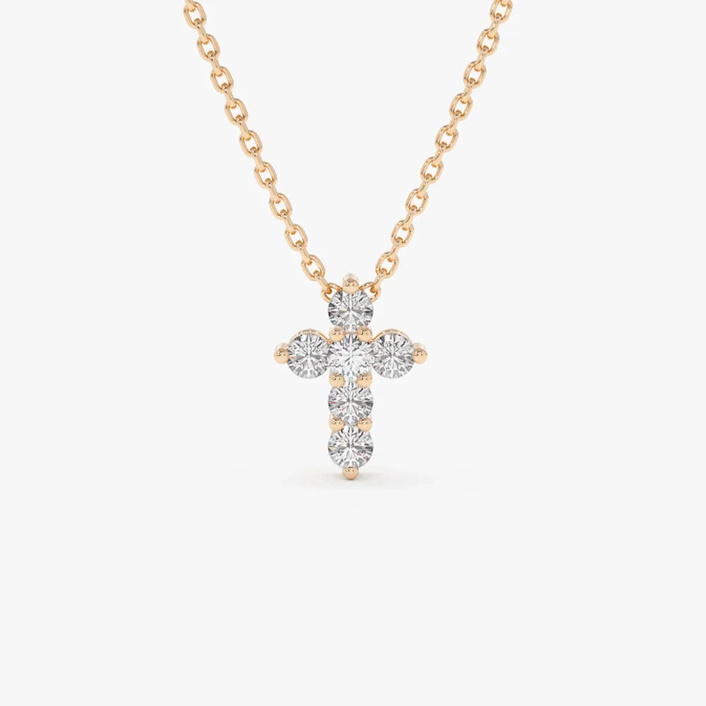 14K Solid Gold Round Diamond Large Cross Pendant Necklace Prong Setting 1.20ctw