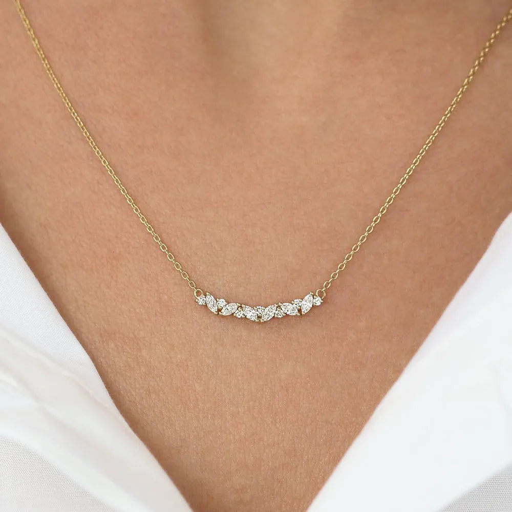 14K Solid Gold Marquise and Round Diamond Slanted Necklace 0.28ctw