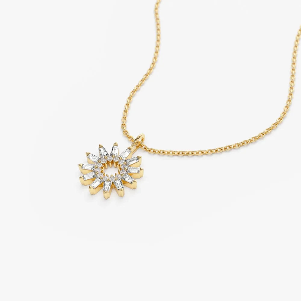 14K Solid Gold Baguette and Round Diamond Star Pendant Necklace Prong Setting 0.30ctw
