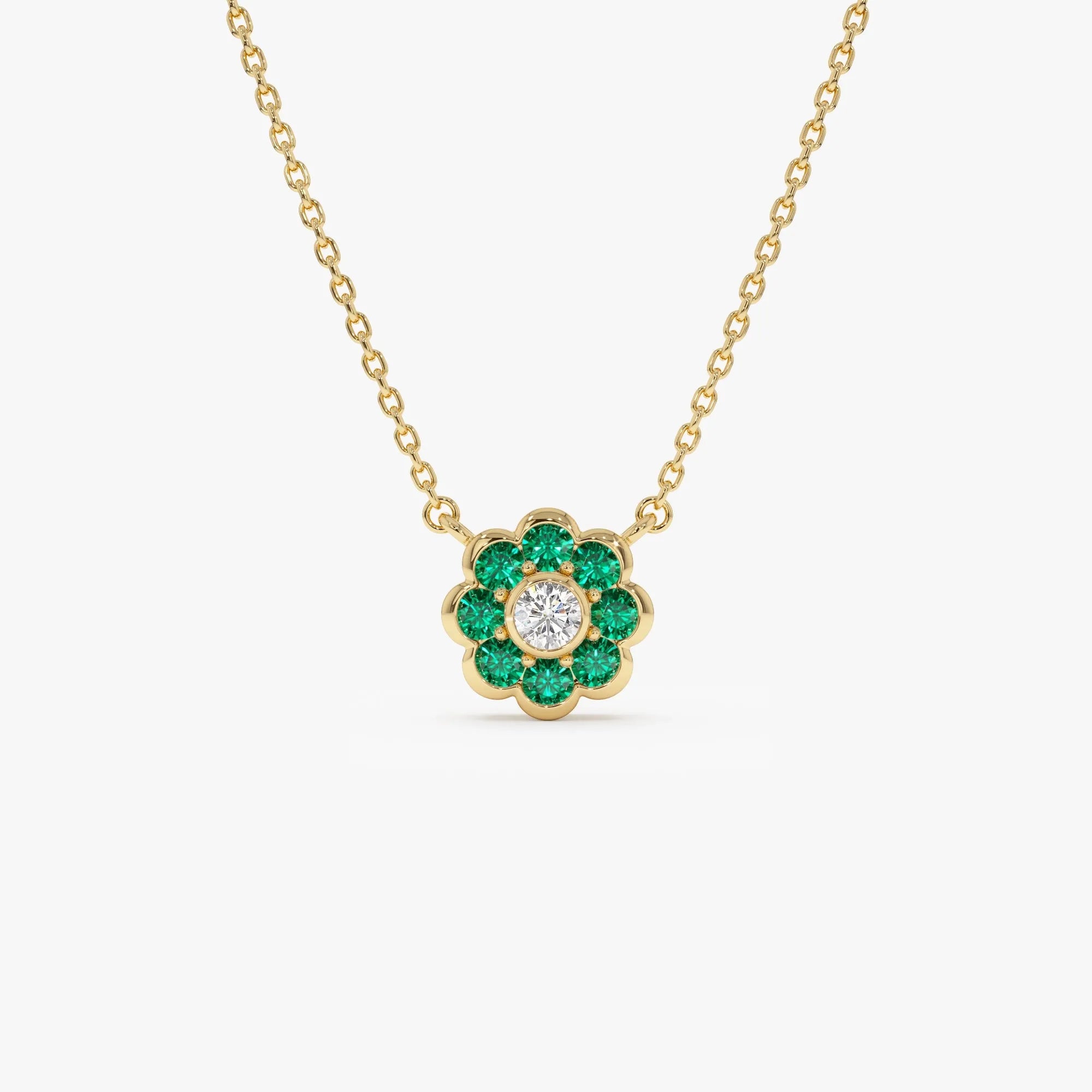 14k Solid Gold Round Emerald 0.25 CTW and Diamond 0.05 CTW Flower Bezel Setting Pendant Necklace