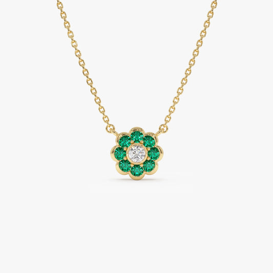 14k Solid Gold Round Emerald 0.25 CTW and Diamond 0.05 CTW Flower Bezel Setting Pendant Necklace