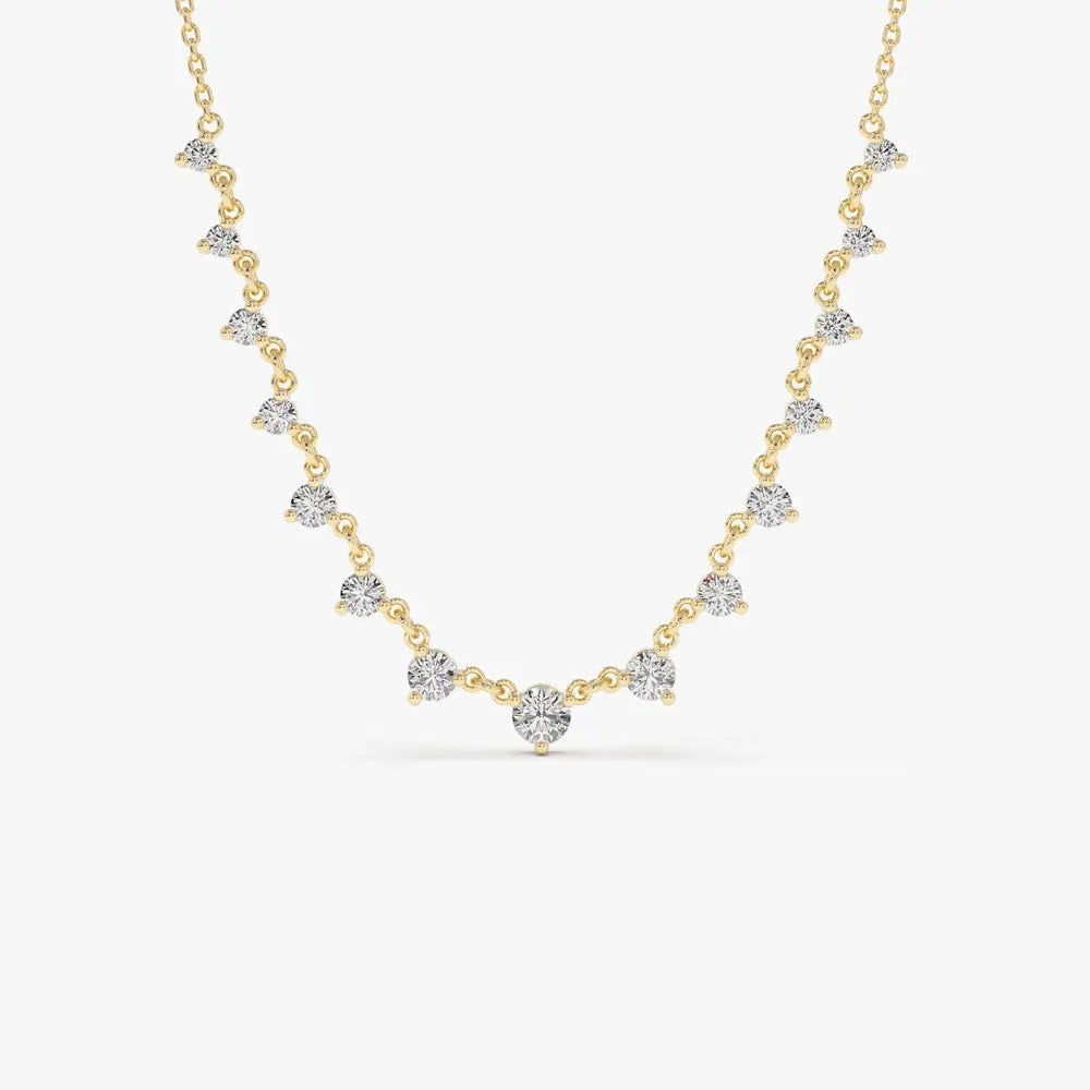 14K Solid Gold Round Diamond Graduating Necklace Prong Setting 0.85ctw