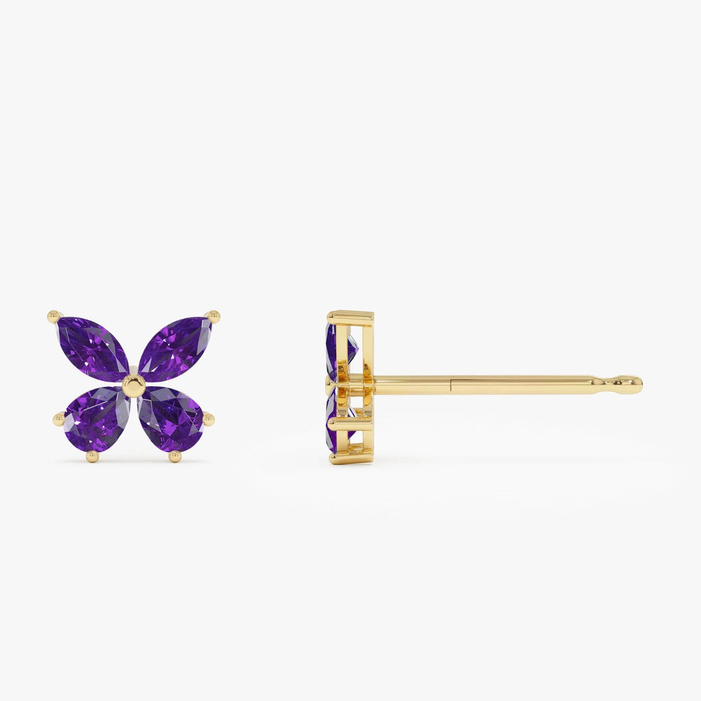 14K Solid Gold Marquise and Pear Cut Amethyst Butterfly Stud Earrings 1.15ctw
