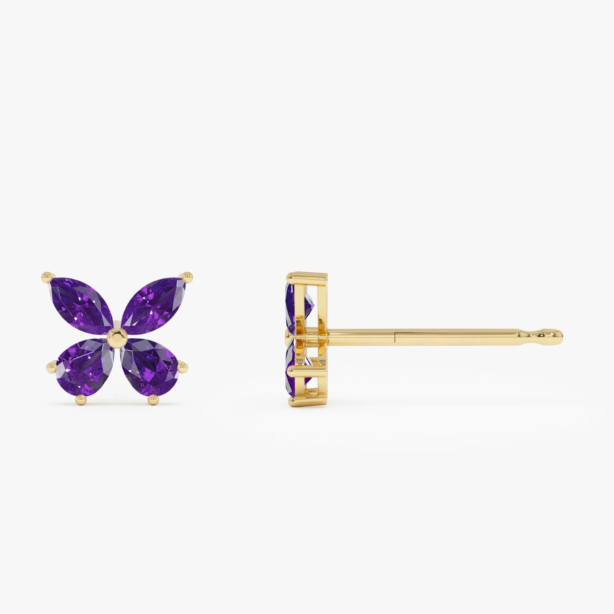 14K Solid Gold Marquise and Pear Cut Amethyst Butterfly Stud Earrings 1.15ctw