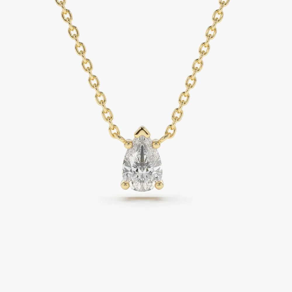14K Solid Gold Pear Shape Diamond Solitaire Necklace Prong Setting 0.23ctw