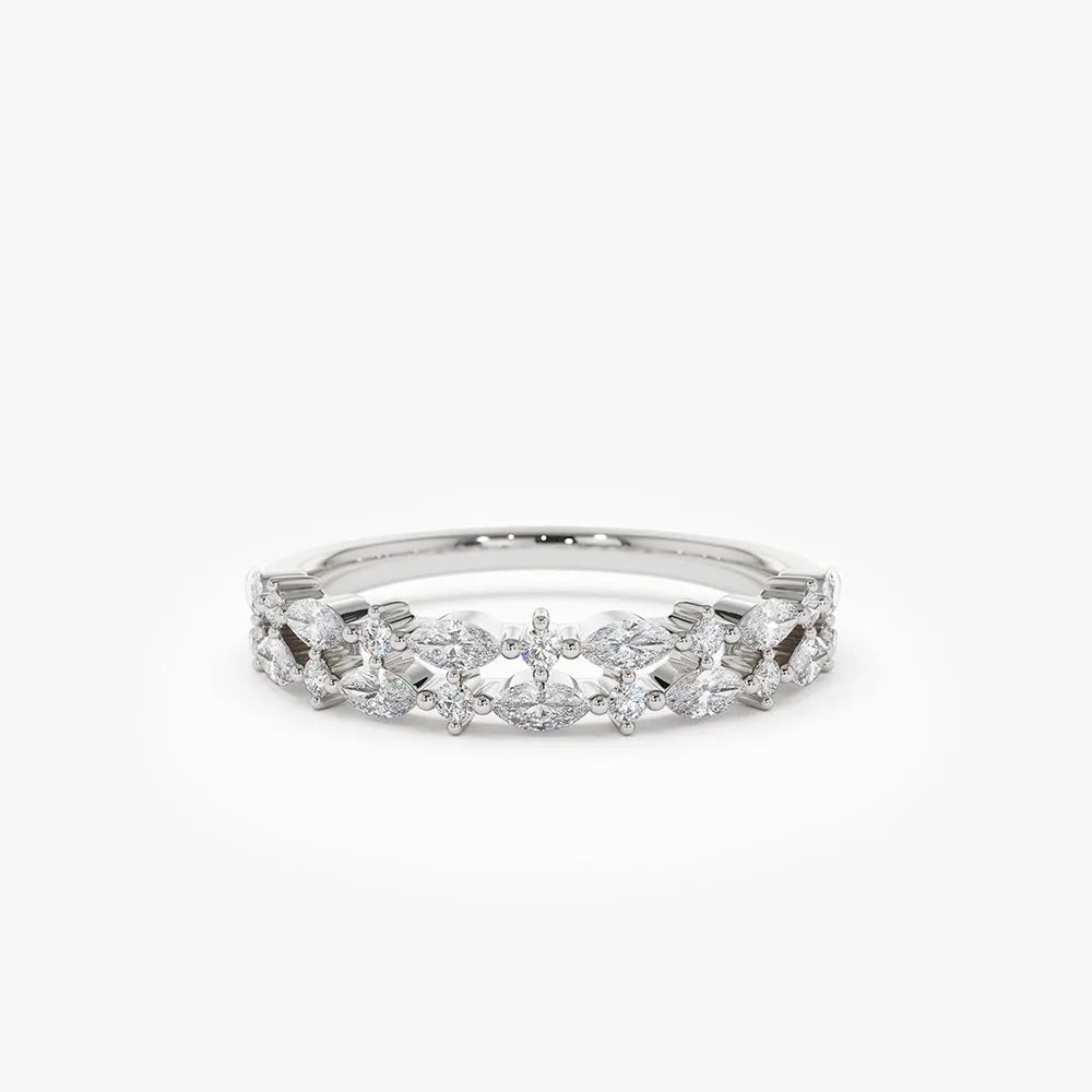 14k Gold Diamond Marquise and Round Double Row Alternating Shared Prong Ring 0.55 Carat