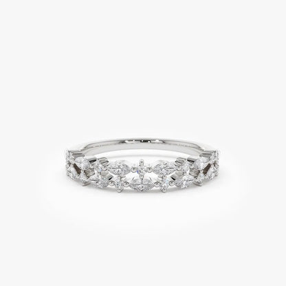 14k Gold Diamond Marquise and Round Double Row Alternating Shared Prong Ring 0.55 Carat