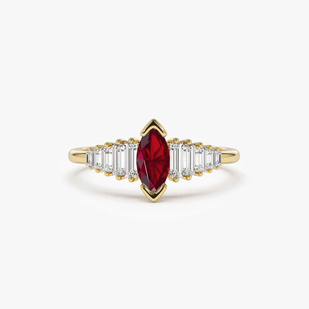 14k Gold Ruby and Diamond Marquise and Baguette Cut Ring 0.78 ctw