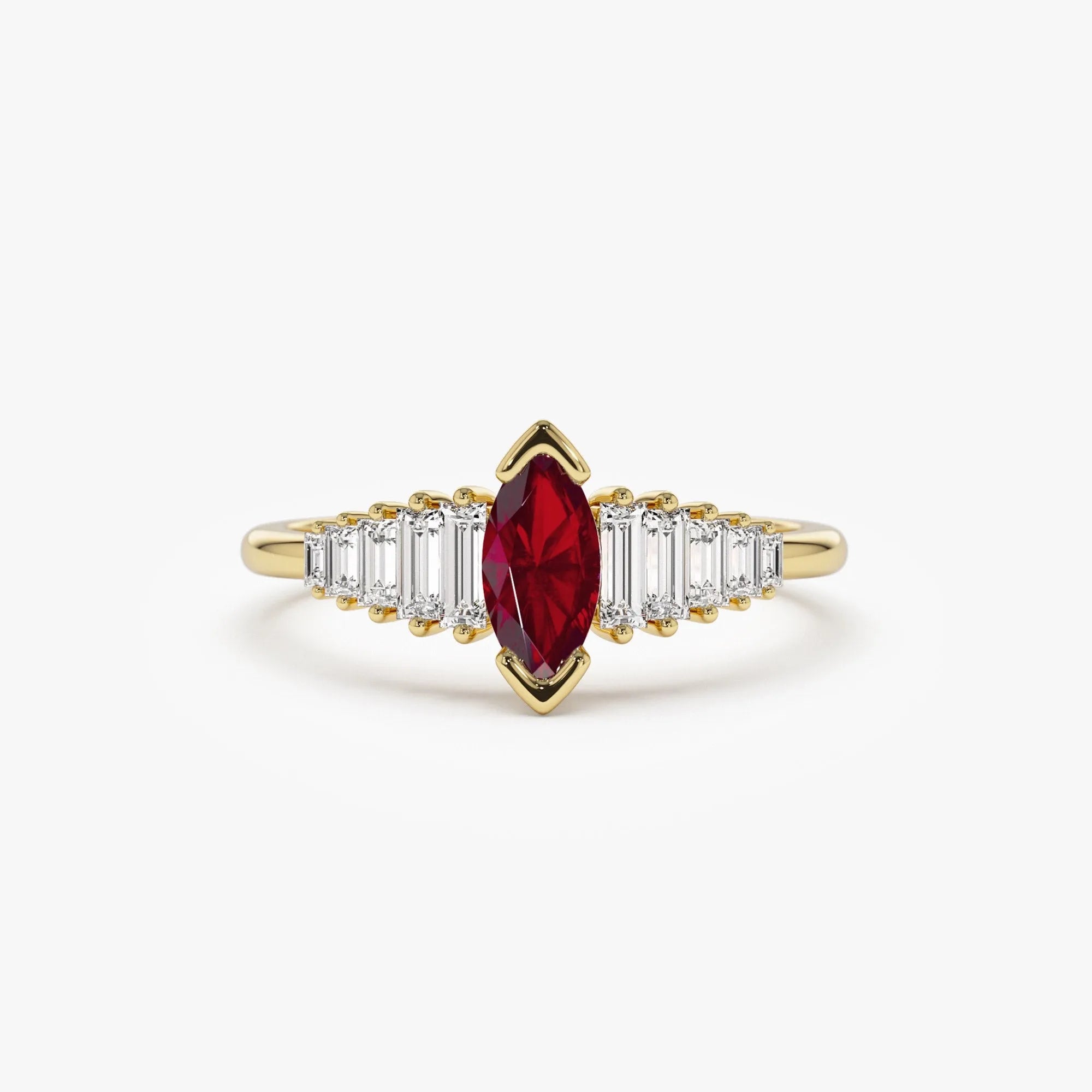 14k Gold Ruby and Diamond Marquise and Baguette Cut Ring 0.78 ctw
