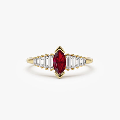 14k Gold Ruby and Diamond Marquise and Baguette Cut Ring 0.78 ctw