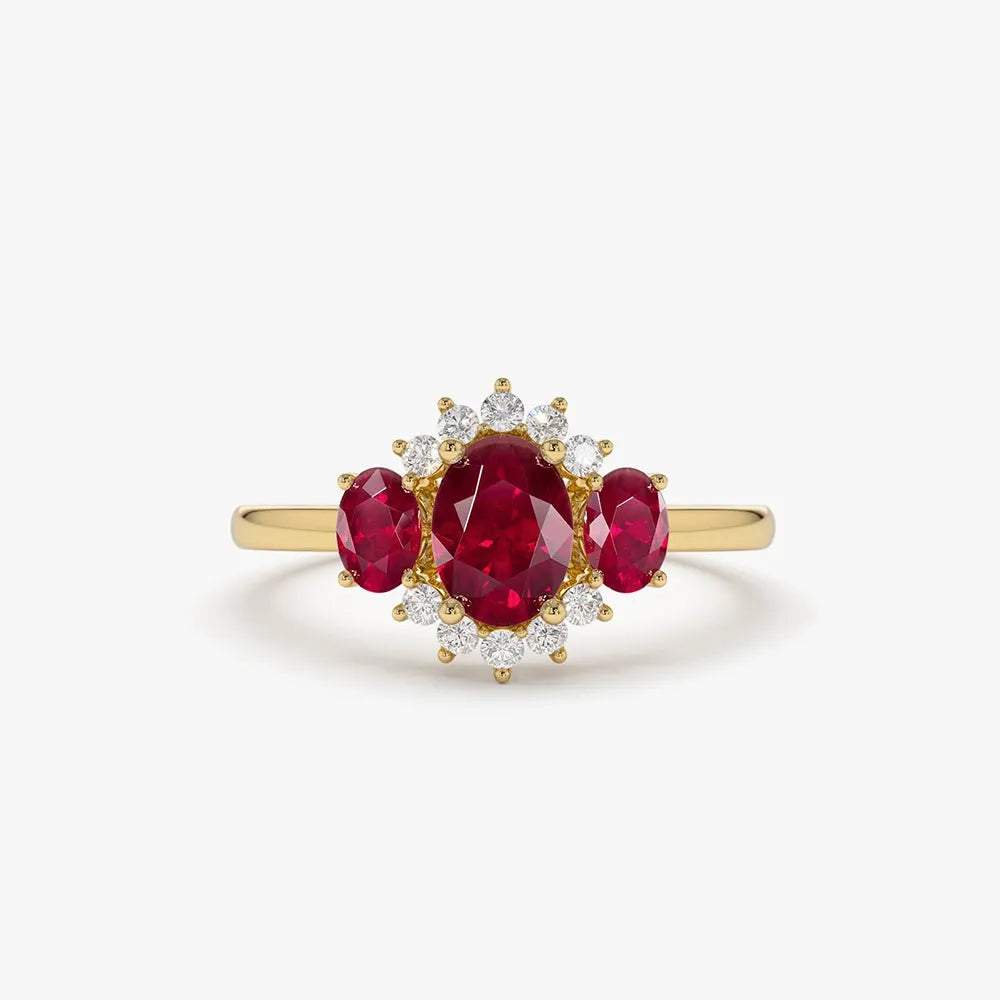 14k Gold Ruby and Diamond Oval Cut Three Stone Cluster Ring 1.39 ctw