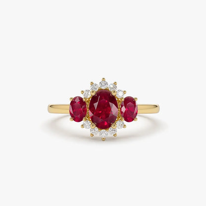 14k Gold Ruby and Diamond Oval Cut Three Stone Cluster Ring 1.39 ctw