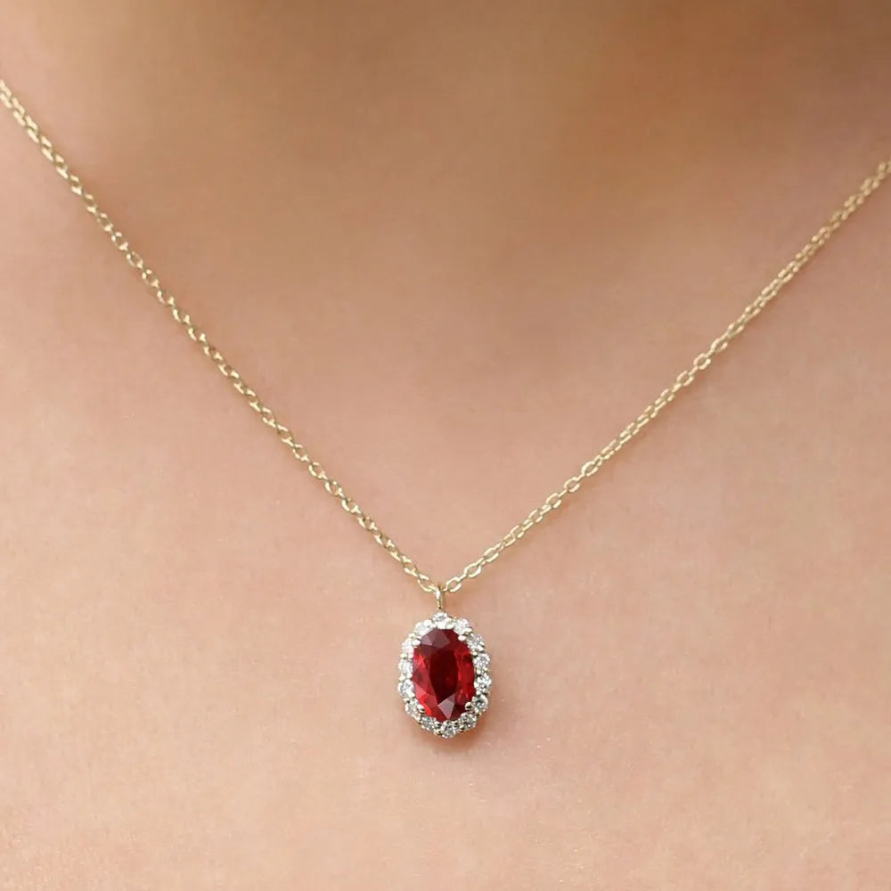 14k Solid Gold Ruby and Diamond Oval Halo Necklace 0.70 Carat Prong Setting