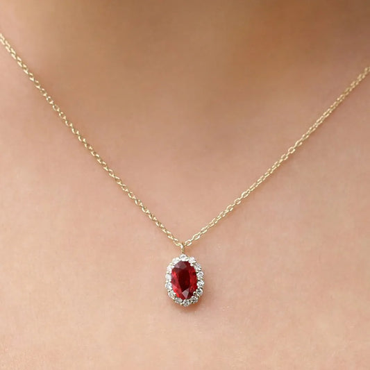 14k Solid Gold Ruby and Diamond Oval Halo Necklace 0.70 Carat Prong Setting