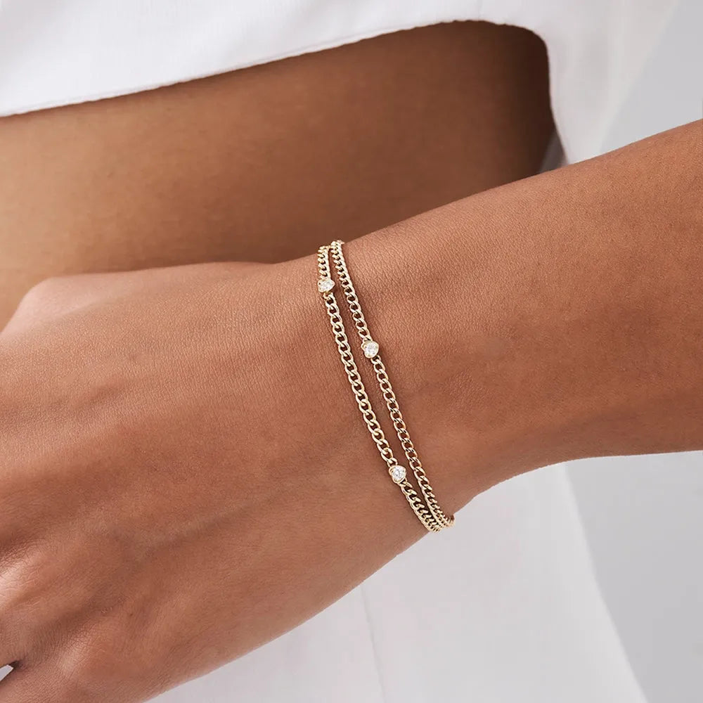14K Solid Gold Round Diamond Heart Bezel Cuban Curb Link Bracelet 0.17 Carat