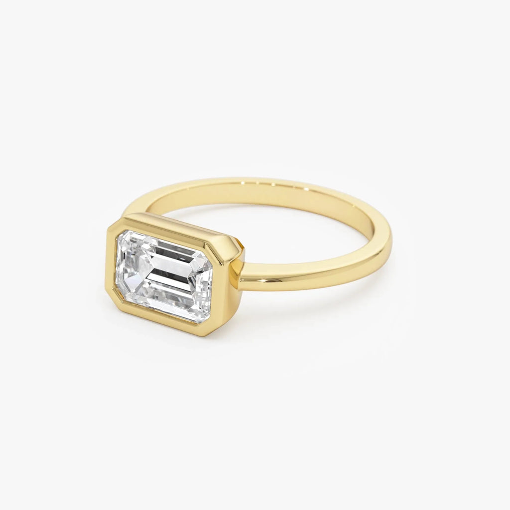 14K Gold 1.50 Carat Lab Grown Diamond Emerald Cut Engagement Ring East West Bezel Setting