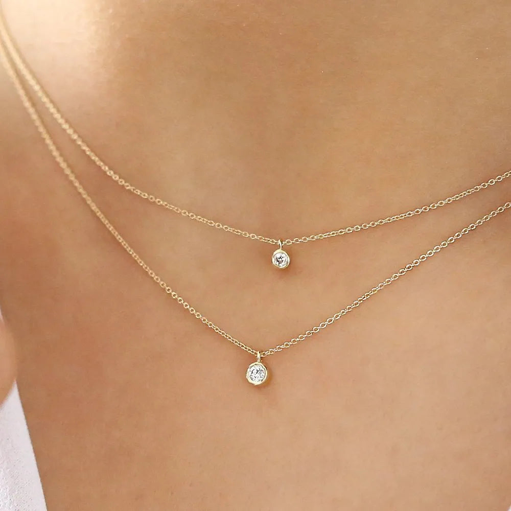 14k Solid Gold Round Diamond Solitaire Bezel Set Pendant Necklace