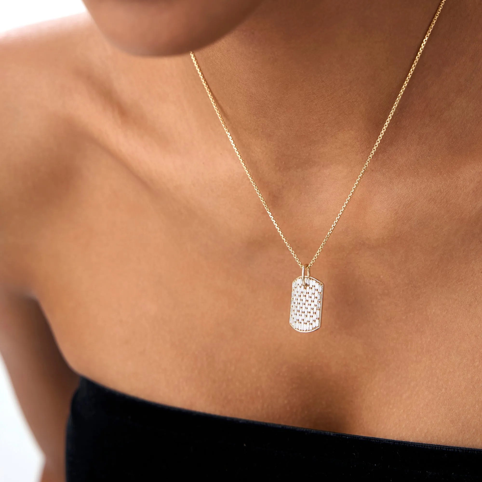14K Solid Gold Baguette Diamond Dog Tag Pendant Necklace Prong Setting 1.25ctw