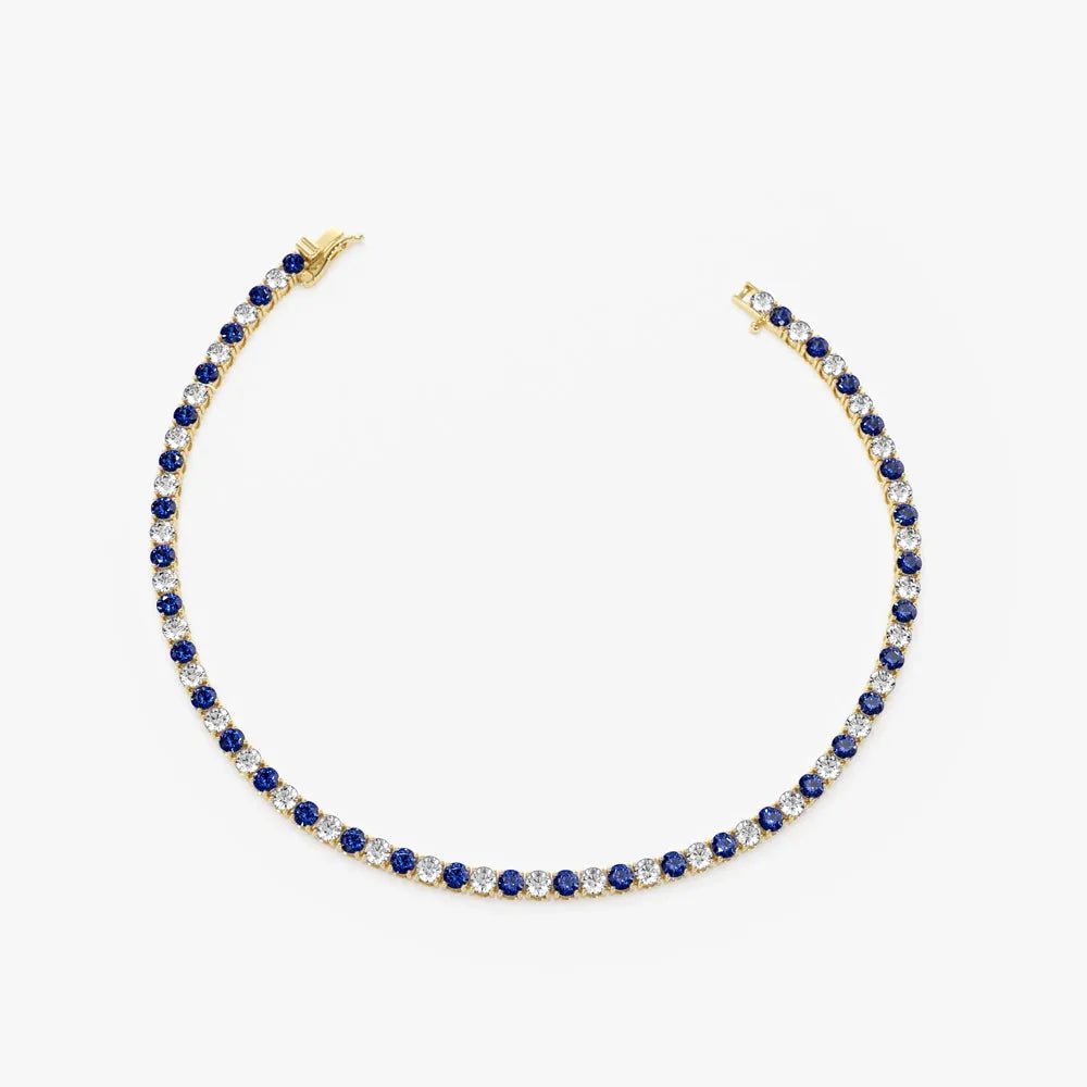 14k Gold Round Diamond and Sapphire 4 Prong Tennis Bracelet