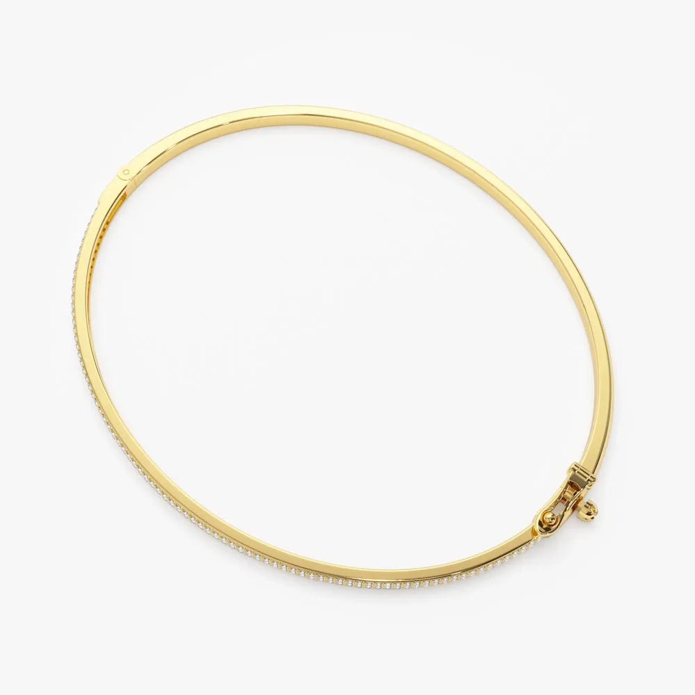 14K Solid Gold 0.70 CTW Round Diamond Two Row Pave Bangle
