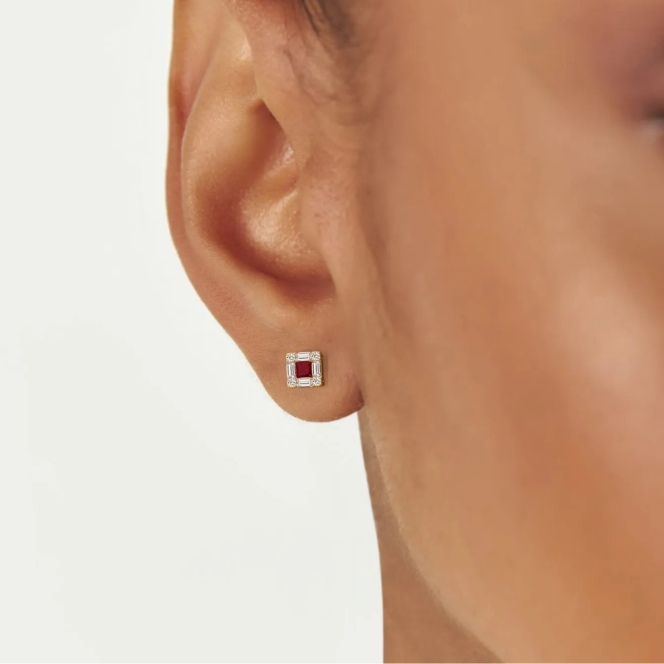 14k Gold Ruby and Diamond Princess Cut Halo Stud Earrings 0.37 ctw