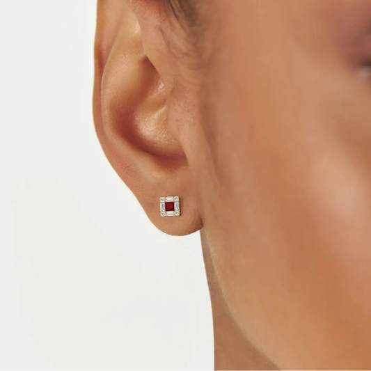 14k Gold Ruby and Diamond Princess Cut Halo Stud Earrings 0.37 ctw