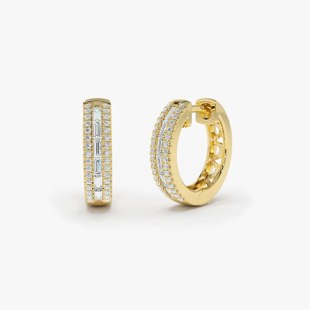 14k Gold Diamond Baguette and Round Cut Pave Hoop Earrings 0.50 ctw