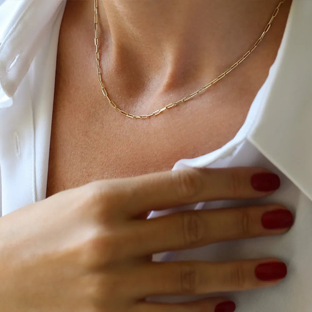 14k Solid Gold Tiny Paperclip Link Necklace Minimalist Layering Chain