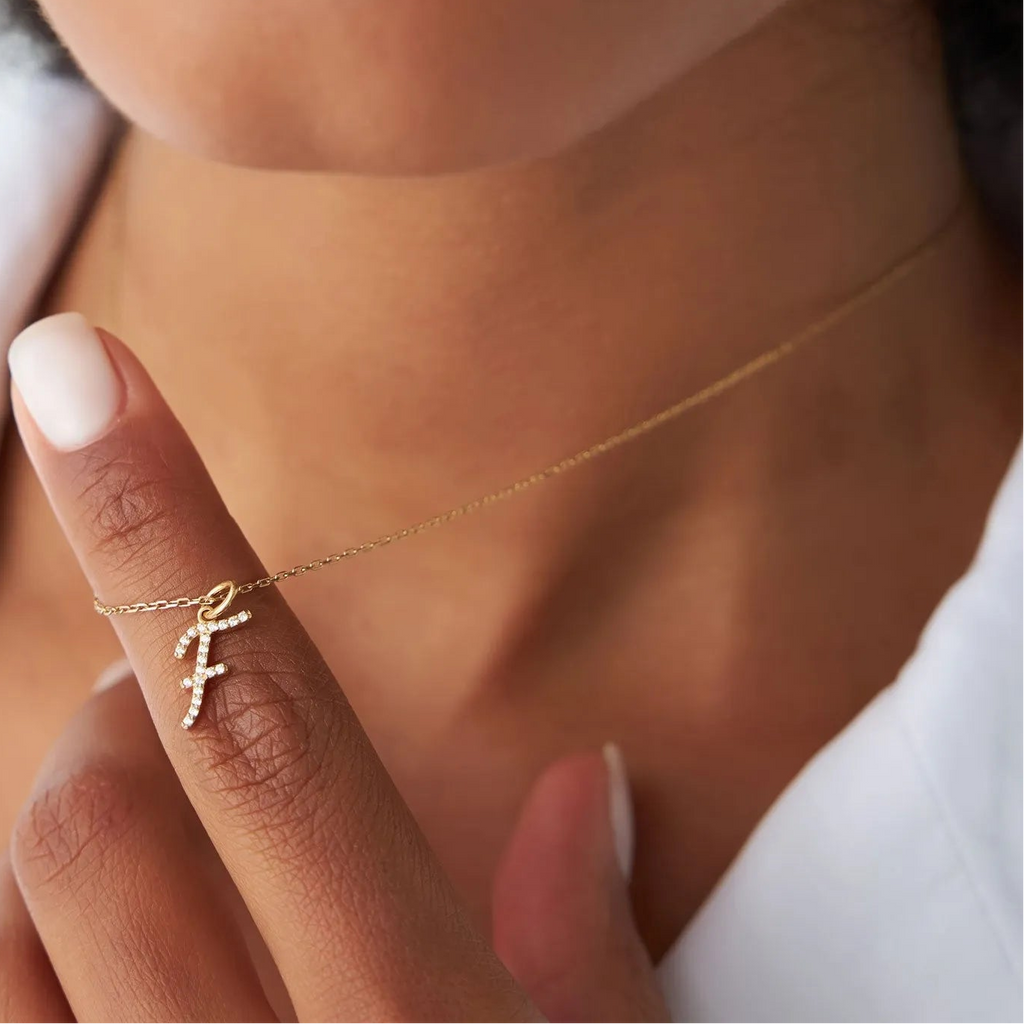 14K Solid Gold 0.15 CTW Round Diamond Script Initial Necklace
