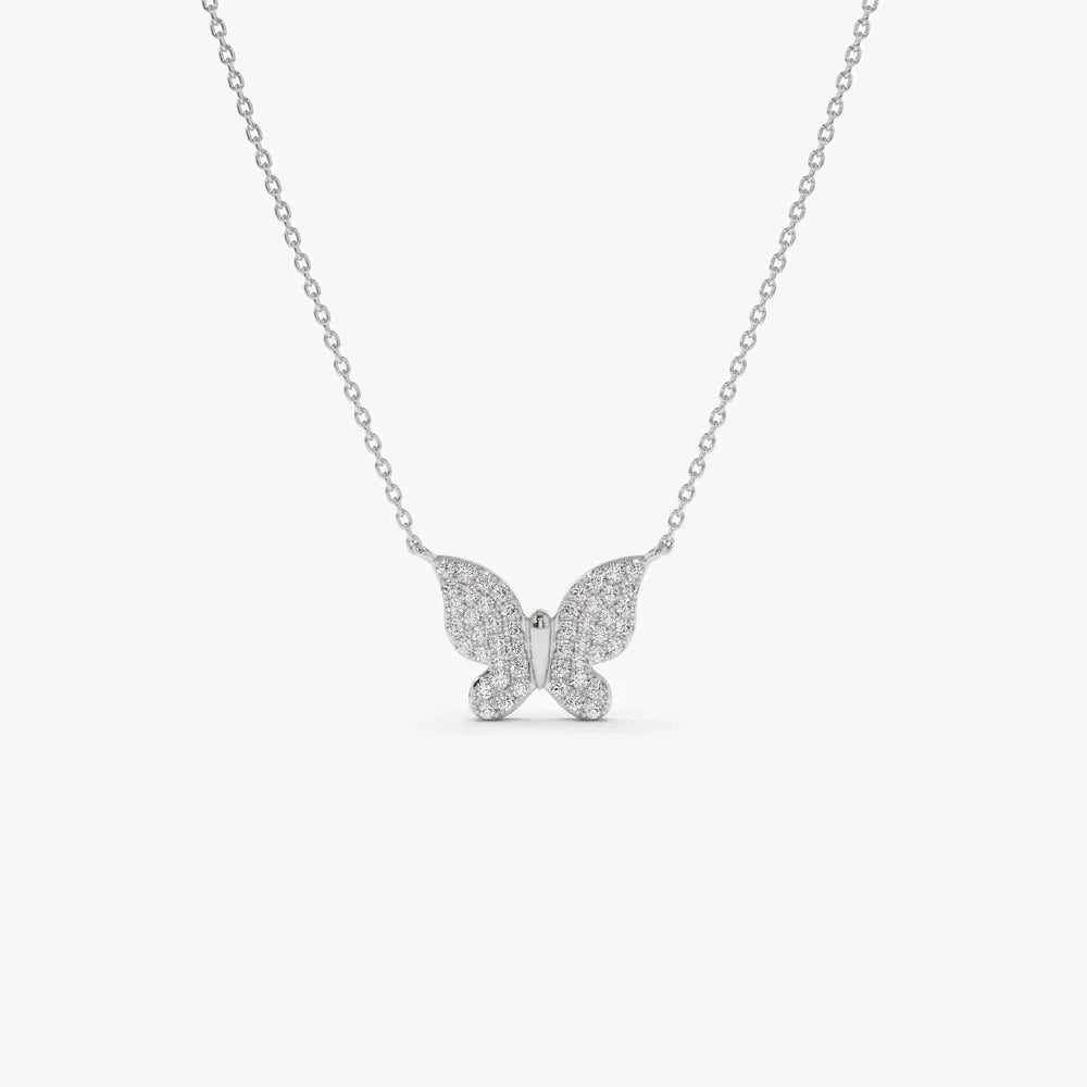 14K Solid Gold Round Diamond Pave Butterfly Pendant Necklace 0.29ctw