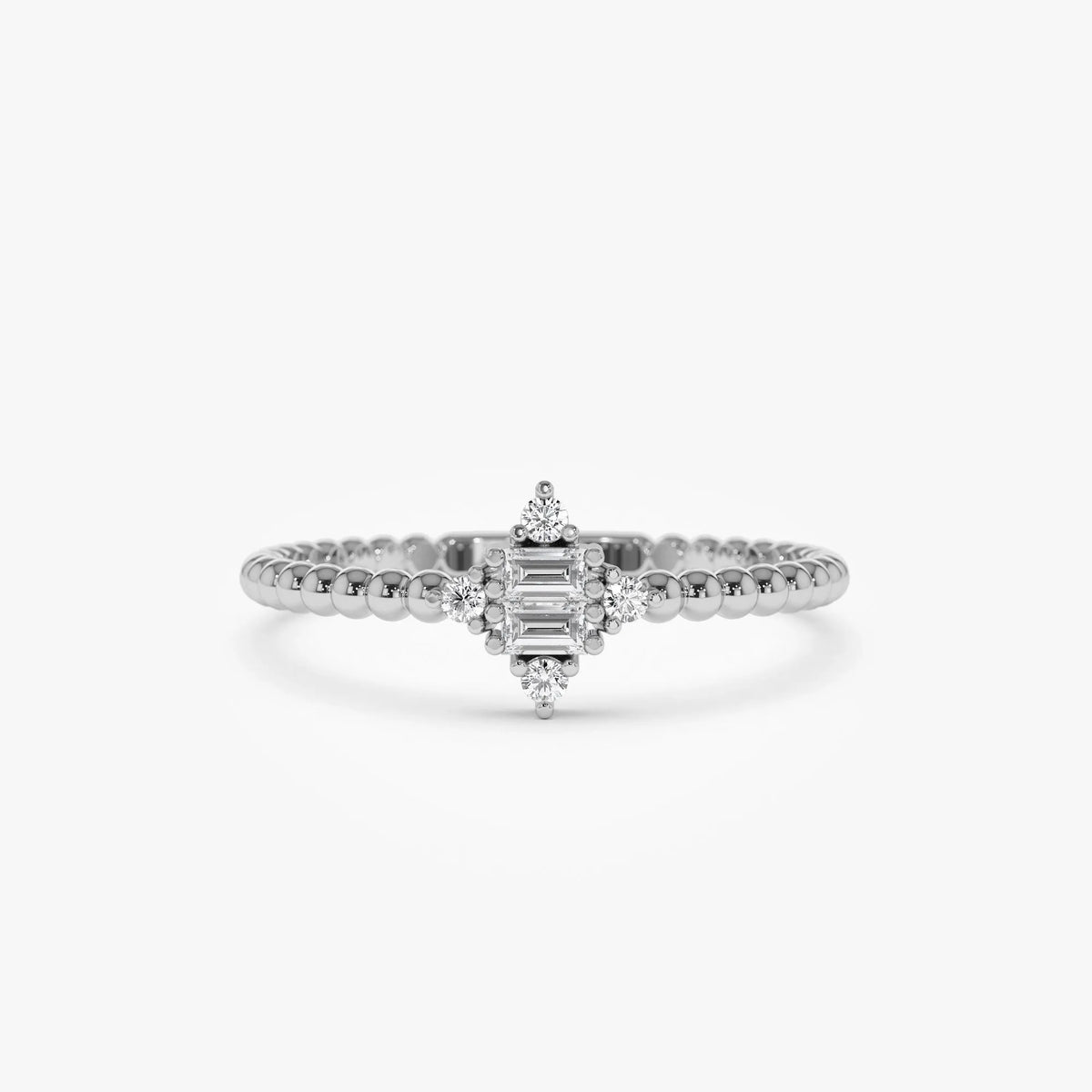 14k Solid Gold Baguette and Round Diamond Beaded Stacking Ring 0.12 ctw