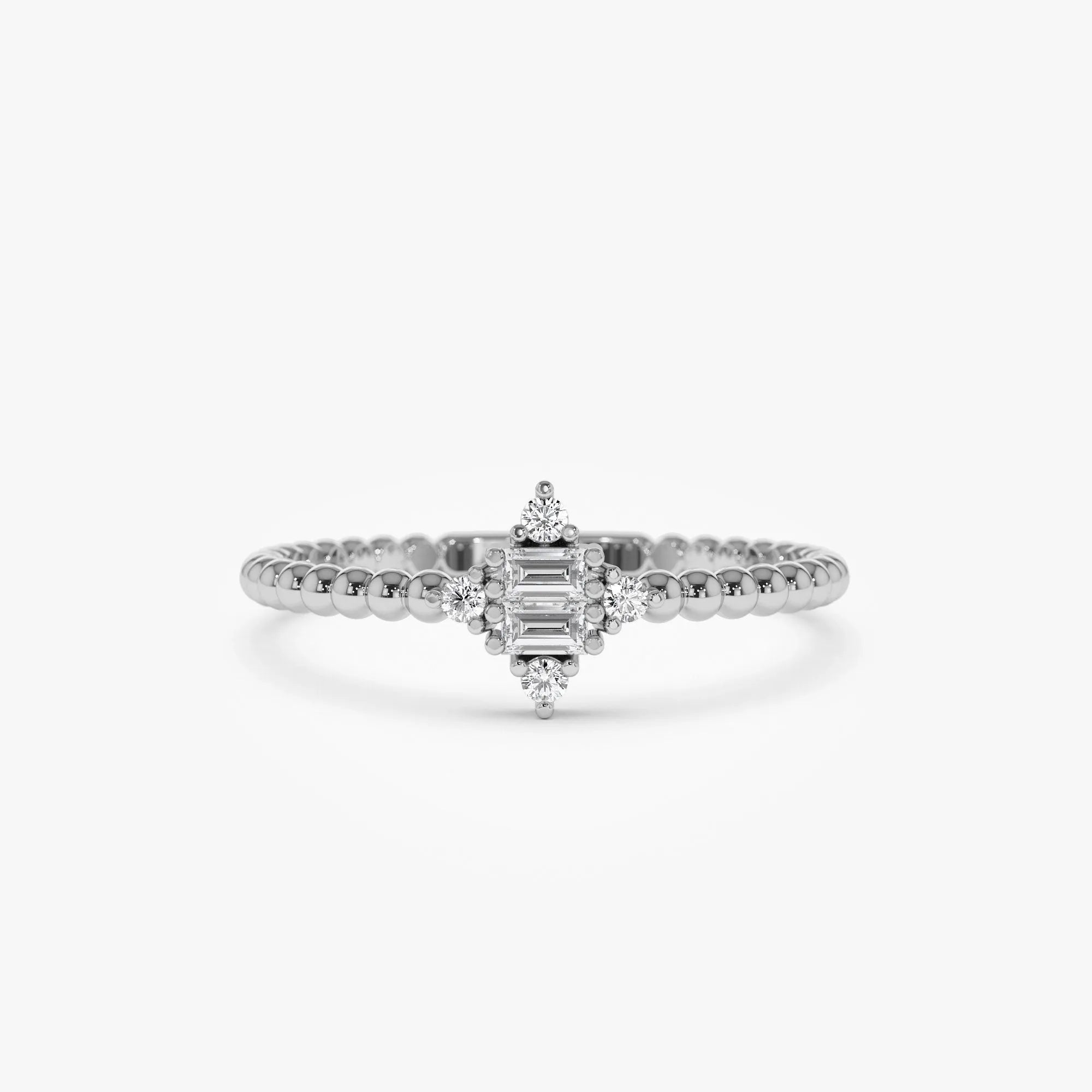 14k Solid Gold Baguette and Round Diamond Beaded Stacking Ring 0.12 ctw