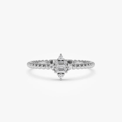 14k Solid Gold Baguette and Round Diamond Beaded Stacking Ring 0.12 ctw