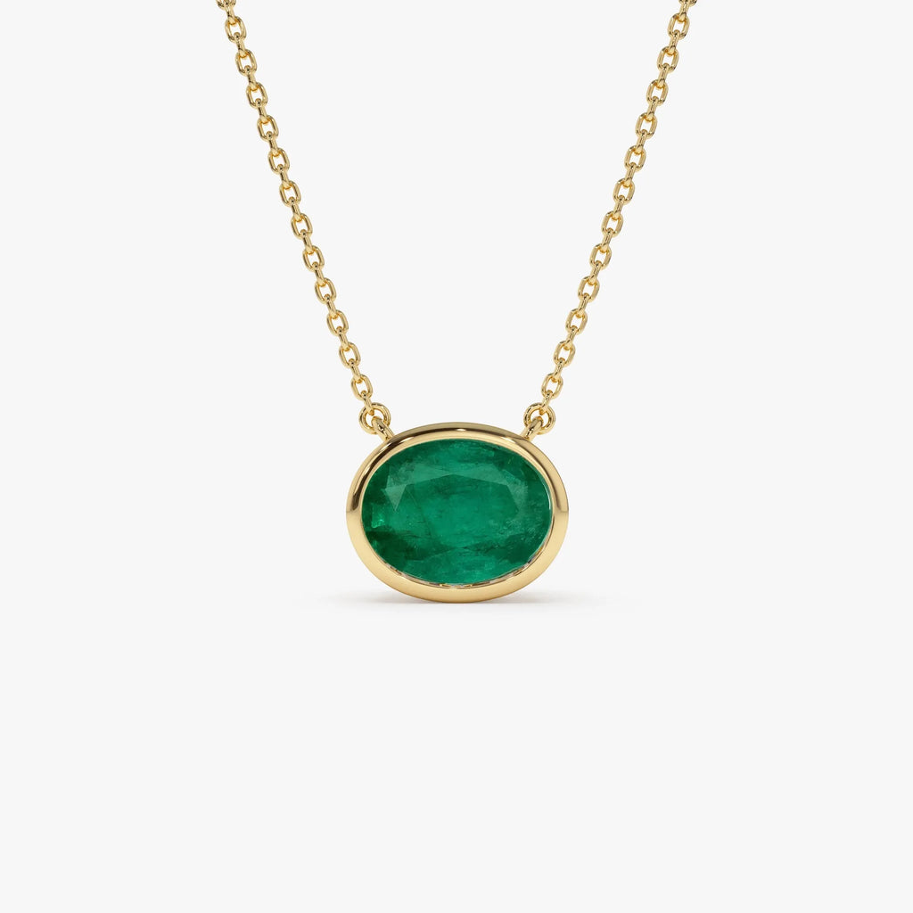 14k Solid Gold Oval and Octagon Cut Emerald 1.55 to 2.20 CTW Bezel Setting Necklace
