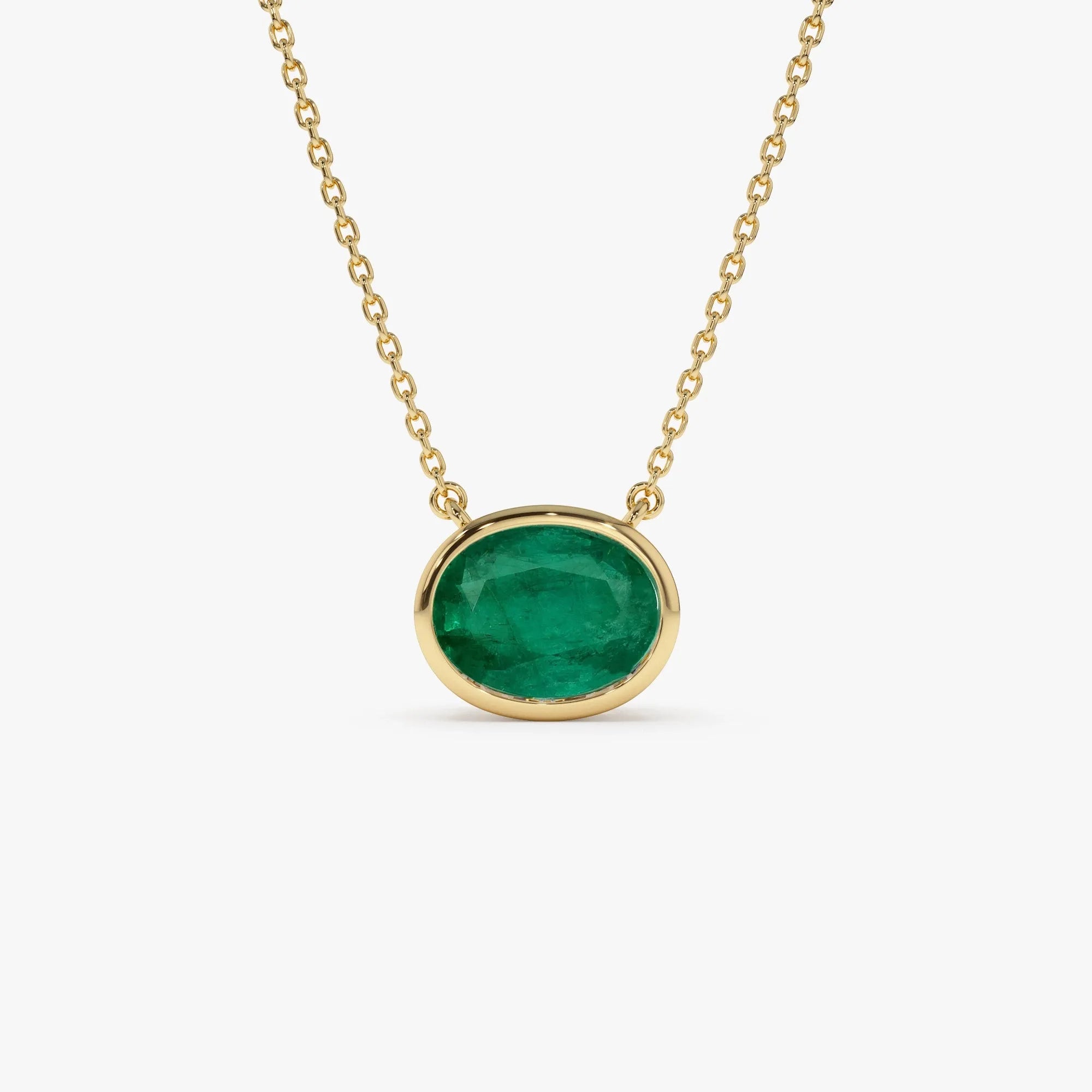 14k Solid Gold Oval and Octagon Cut Emerald 1.55 to 2.20 CTW Bezel Setting Necklace