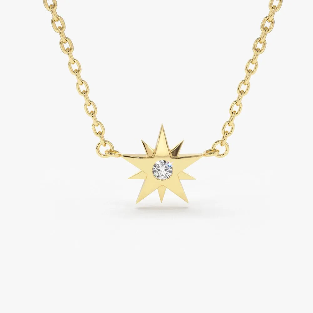 14K Solid Gold Round Diamond Star Pendant Necklace Burnish Setting 0.03ctw