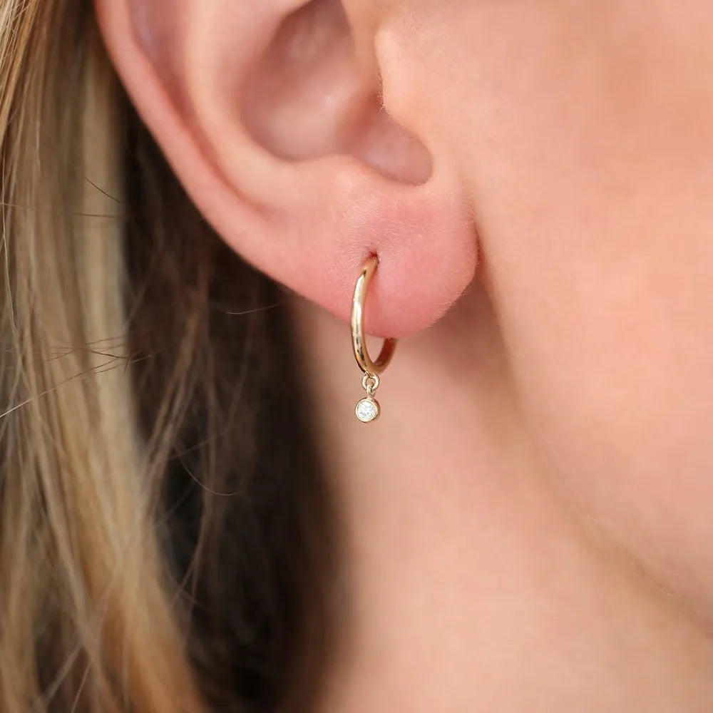 14k Gold Diamond Round Cut Dangling Charm Hoop Earrings Bezel Setting 0.06 ctw