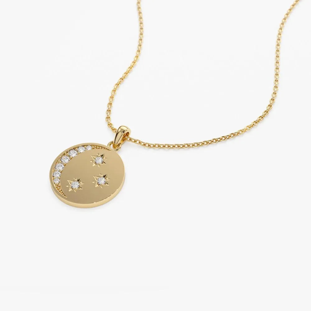 14K Solid Gold Round Diamond Moon and Crescent Pendant Necklace Prong Setting 0.23ctw