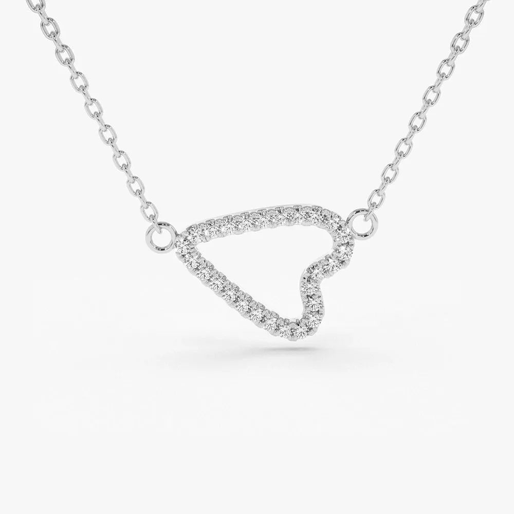 14K Solid Gold Round Diamond Micro Pave Sideways Heart Pendant Necklace 0.15ctw
