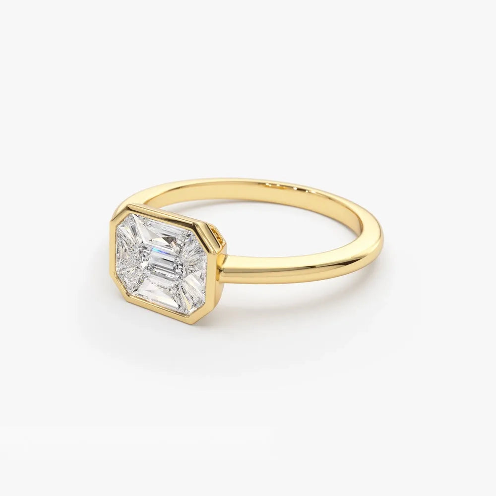 14K Solid Gold Emerald Pie Cut Diamond 0.55 Carat East West Illusion Invisible Bezel Setting Ring