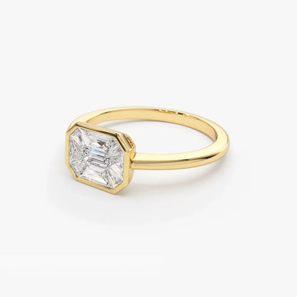14K Solid Gold Emerald Pie Cut Diamond 0.55 Carat East West Illusion Invisible Bezel Setting Ring