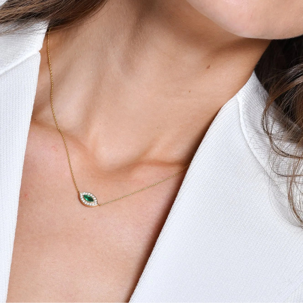 14k Solid Gold Marquise Emerald 0.18 CTW and Round Diamond 0.13 CTW Halo Pendant Necklace